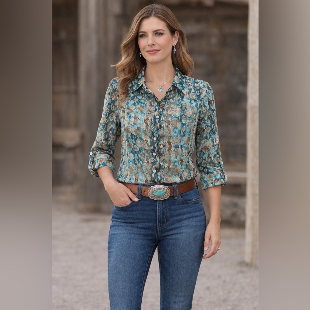 Roper Turquoise Python Western Button Shirt Roll … - image 2